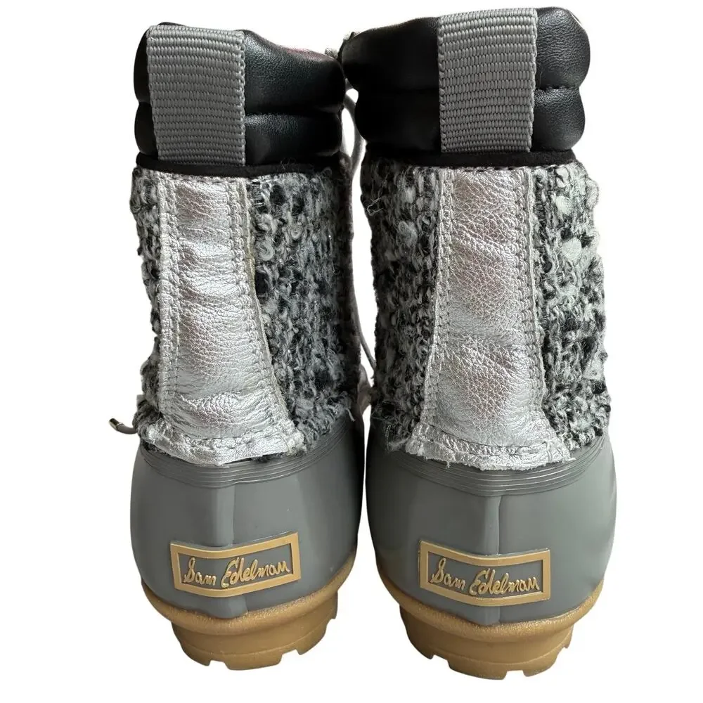 Sam Edelman Rain Boots Women's 8 Gray Silver Duck Boots Lace Up Tweed Waterproof